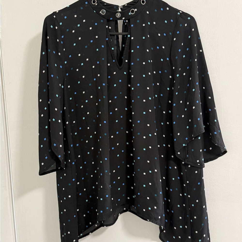 Worthington Black Blouse with Blue and White Squares